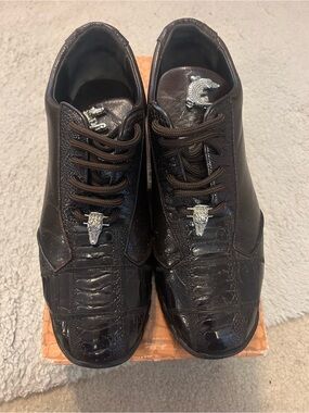 Men's Brown Croc-Embossed Leather Sneakers with Silver Accents